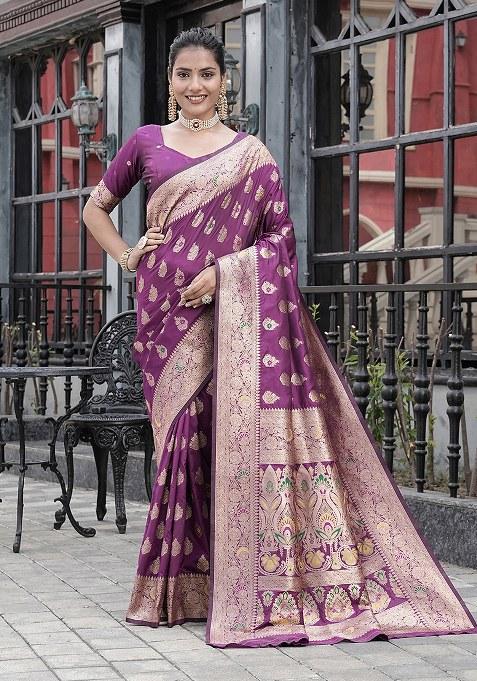Purple Woven Design Silk Saree Set