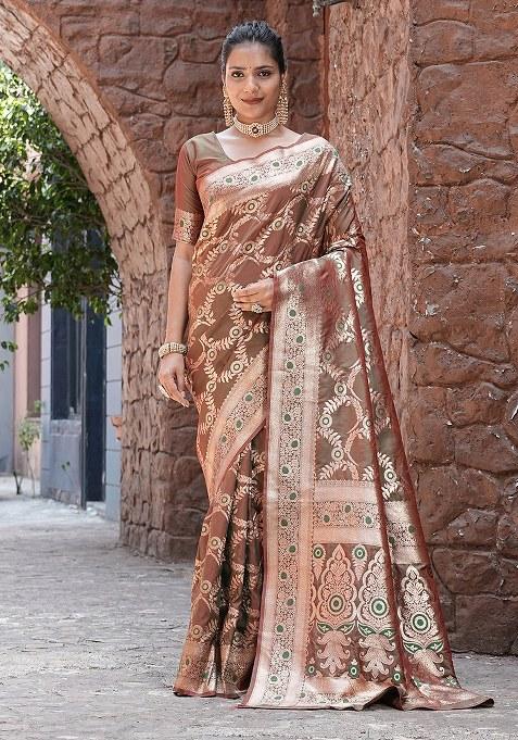 Beige Woven Design Silk Saree Set