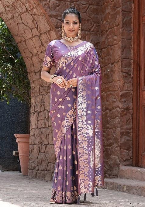 Purple Woven Design Silk Saree Set
