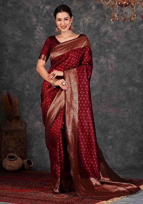 Maroon Woven Design Silk Saree Set