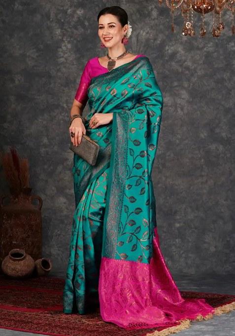 Purple Woven Design Silk Saree Set