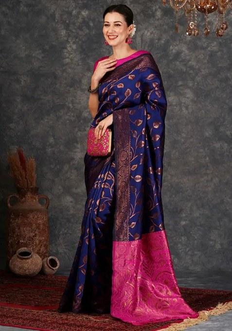 Purple Woven Design Silk Saree Set