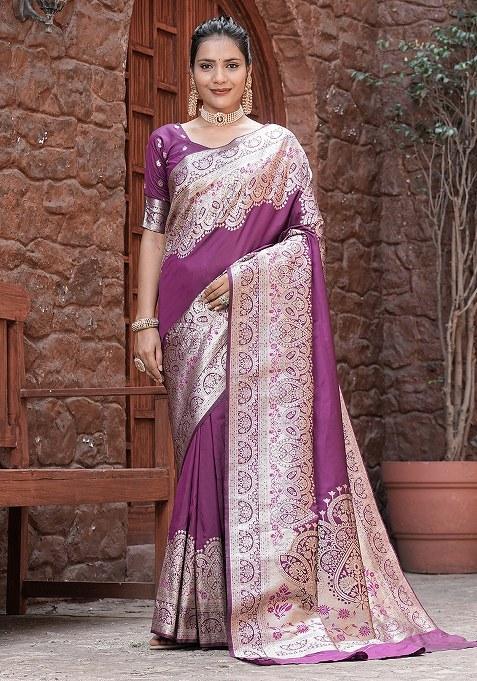 Purple Woven Design Silk Saree Set