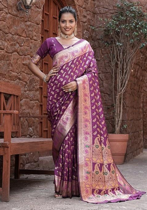 Purple Woven Design Silk Saree Set