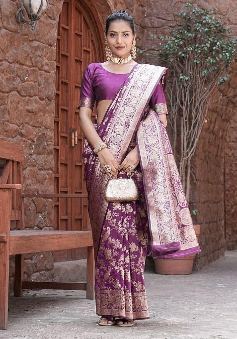 Purple Woven Design Silk Saree Set
