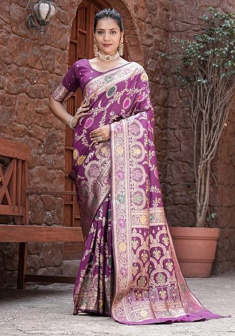 Purple Woven Design Silk Saree Set