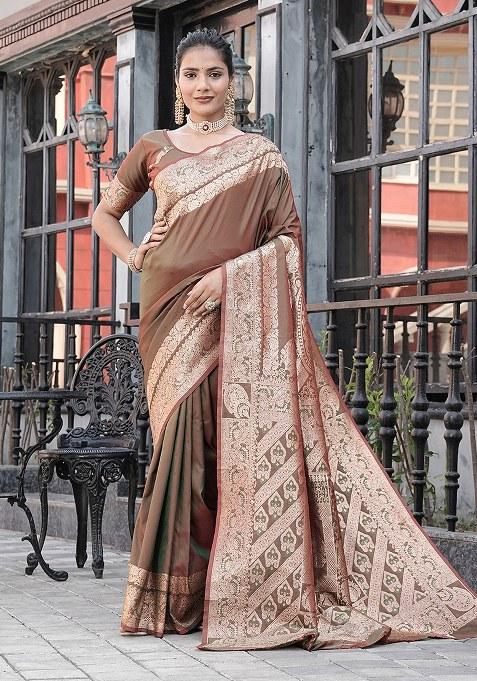Beige Woven Design Silk Saree Set
