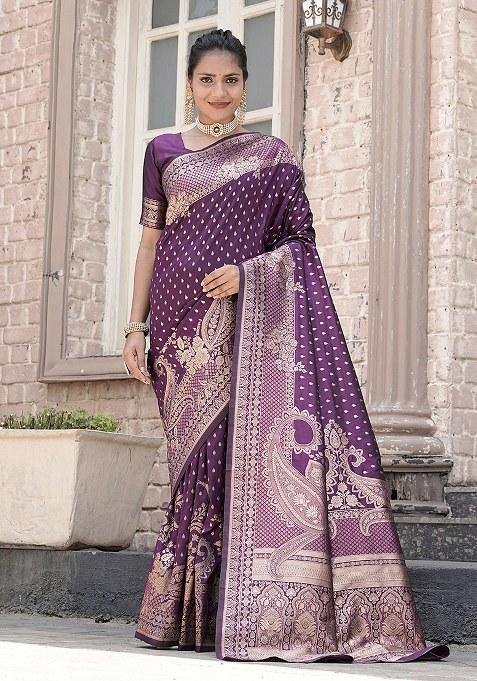 Purple Woven Design Silk Saree Set