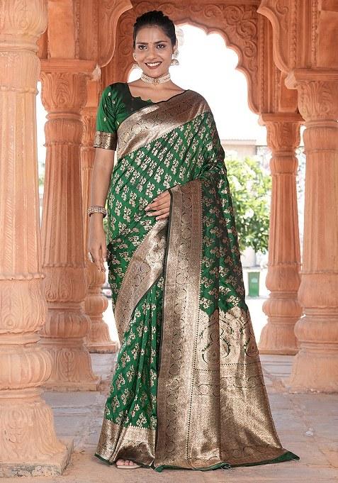 Green Woven Design Silk Saree Set