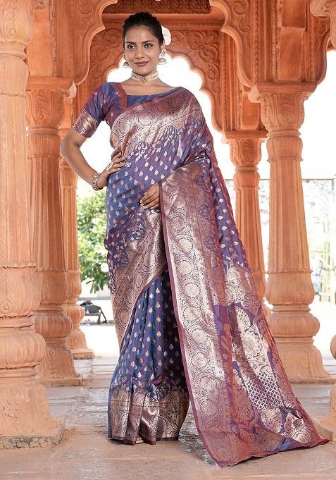 Blue Woven Design Silk Saree Set