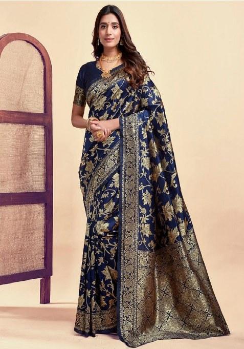 Blue Woven Design Silk Saree Set