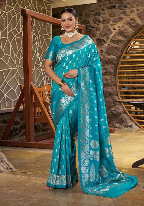 Aqua Blue Woven Design Silk Saree Set