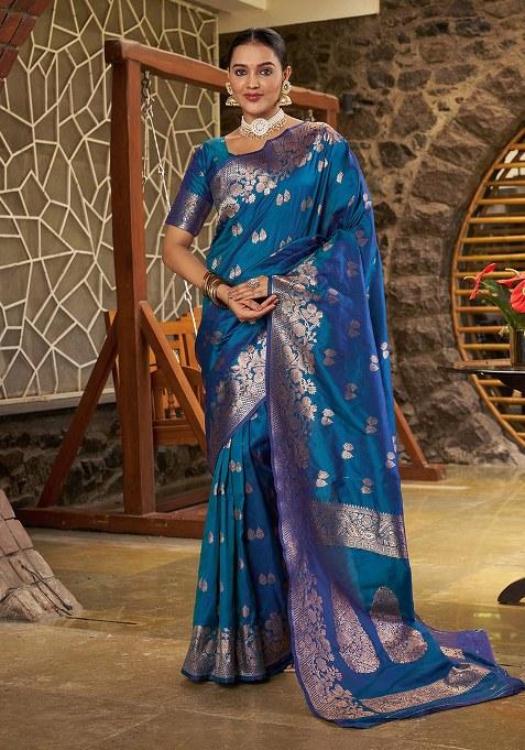 Navy Blue Woven Design Silk Saree Set