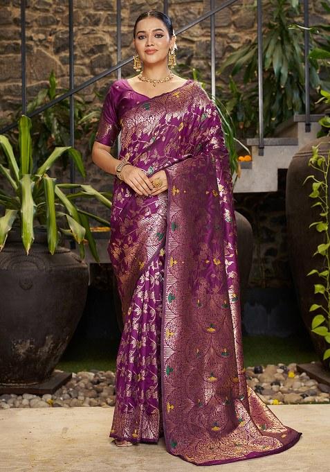 Purple Woven Design Silk Saree Set