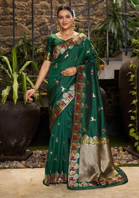 Green Woven Design Silk Saree Set