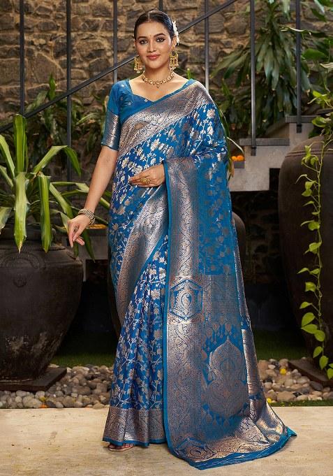 Blue Woven Design Silk Saree Set