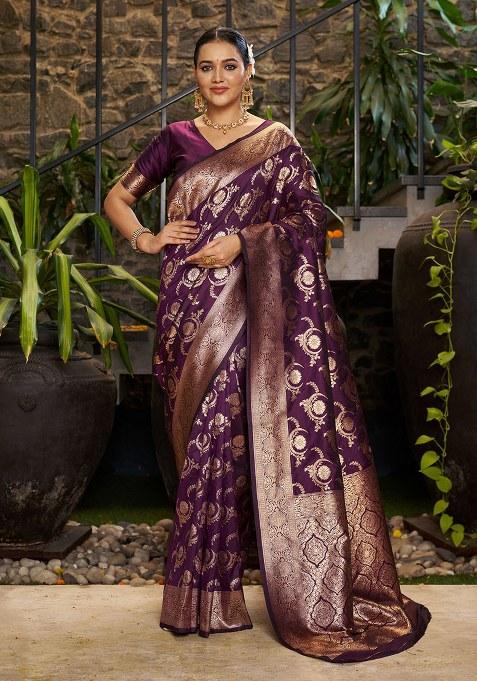 Purple Woven Design Silk Saree Set
