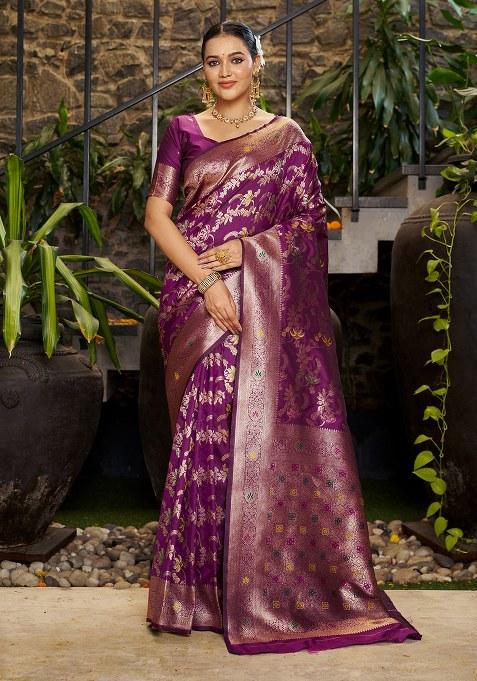 Purple Woven Design Silk Saree Set