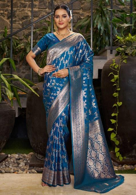 Blue Woven Design Silk Saree Set