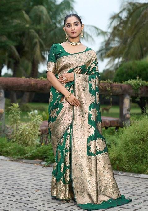 Mint Green Woven Design Silk Saree Set