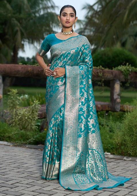 Aqua Blue Woven Design Silk Saree Set