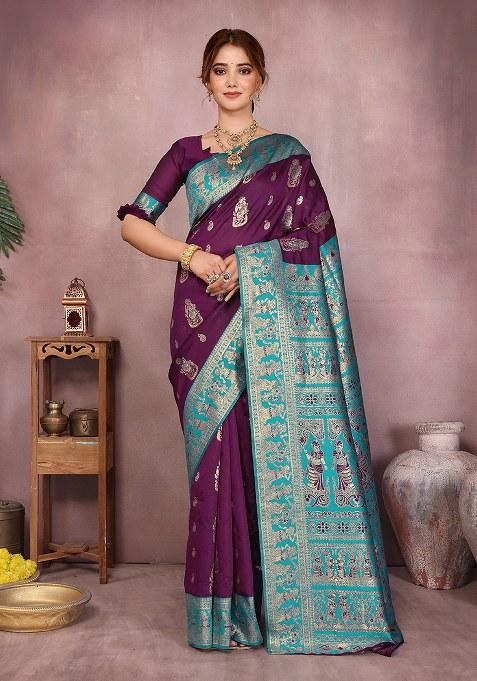 Purple Woven Design Silk Saree Set