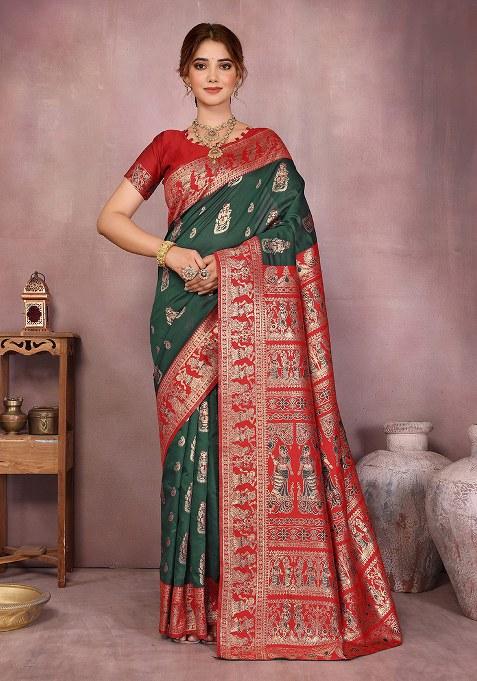 Green Woven Design Silk Saree Set