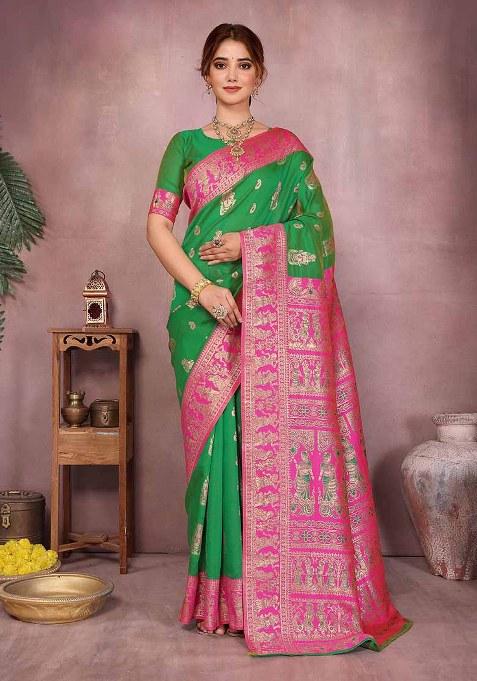 Green Woven Design Silk Saree Set
