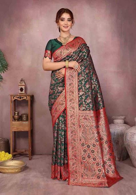 Green Woven Design Silk Saree Set