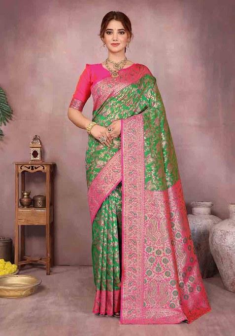 Green Woven Design Silk Saree Set