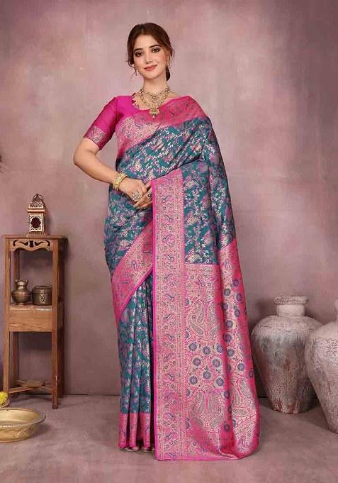 Blue Woven Design Silk Saree Set