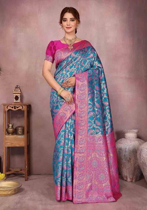 Aqua Blue Woven Design Silk Saree Set