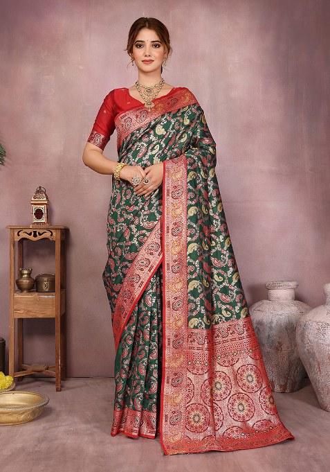 Green Woven Design Silk Saree Set