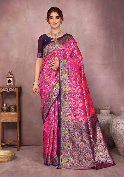 Pink Woven Design Silk Saree Set