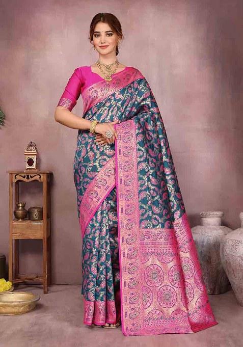 Blue Woven Design Silk Saree Set