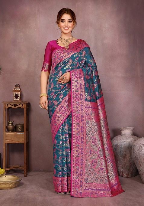 Blue Woven Design Silk Saree Set