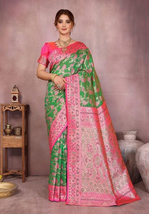 Green Woven Design Silk Saree Set