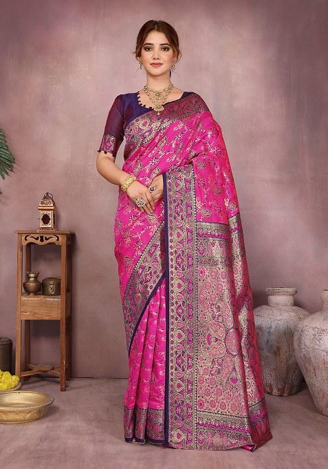 Pink Woven Design Silk Saree Set