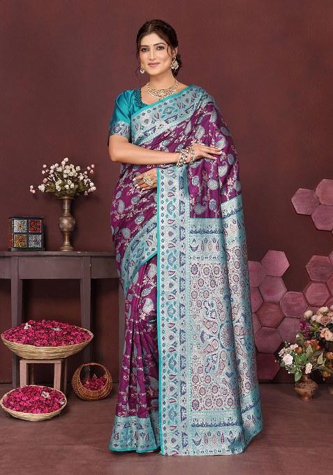 Purple Woven Design Silk Saree Set