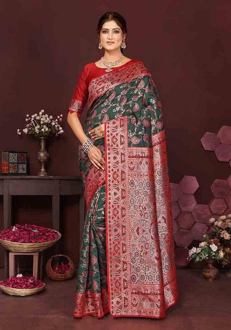 Red Woven Design Silk Saree Set