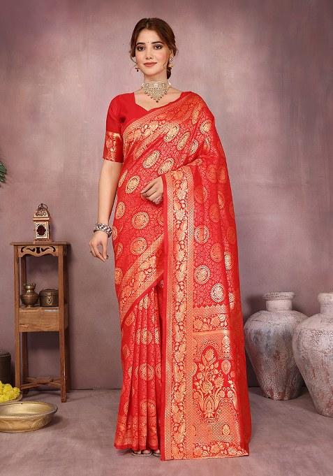 Orange Woven Design Silk Saree Set