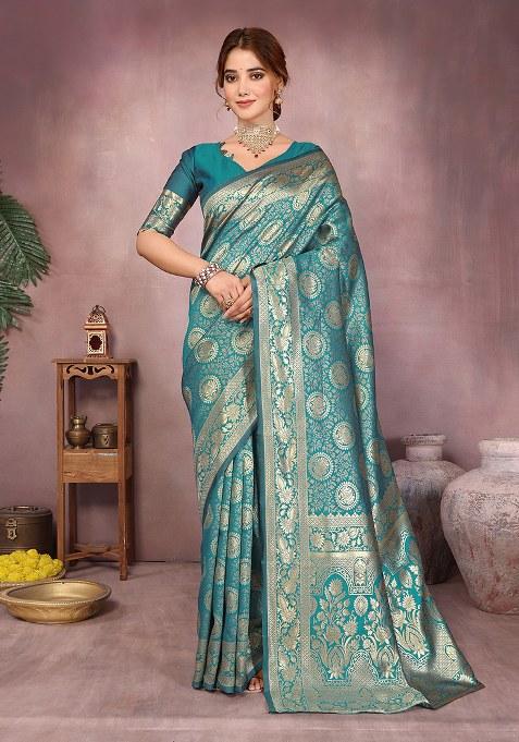 Teal Woven Design Silk Saree Set