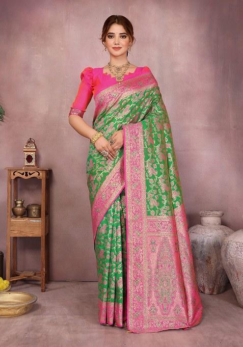Green Woven Design Silk Saree Set