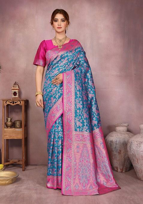Aqua Blue Woven Design Silk Saree Set