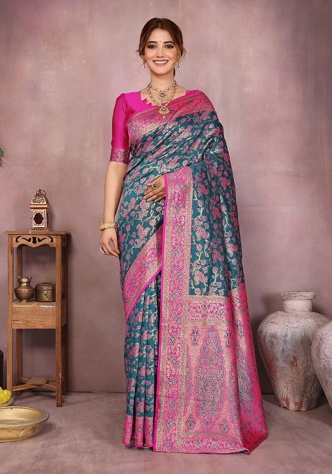 Blue Woven Design Silk Saree Set