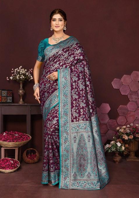 Purple Woven Design Silk Saree Set