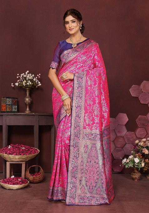 Pink Woven Design Silk Saree Set
