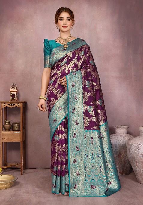 Purple Woven Design Silk Saree Set