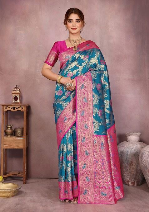 Blue Woven Design Silk Saree Set