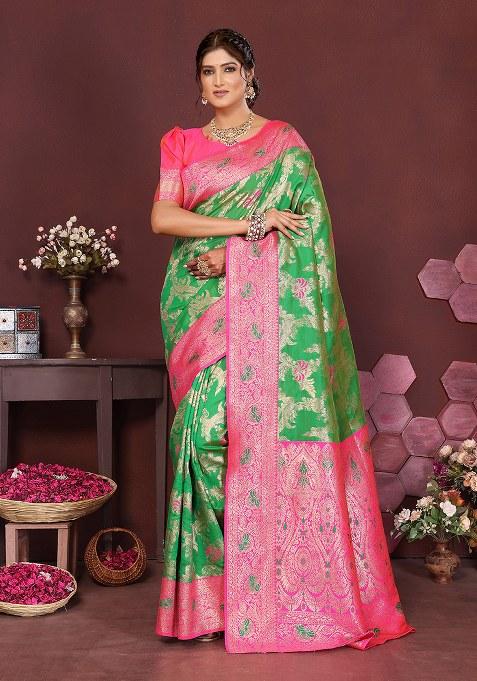 Green Woven Design Silk Saree Set